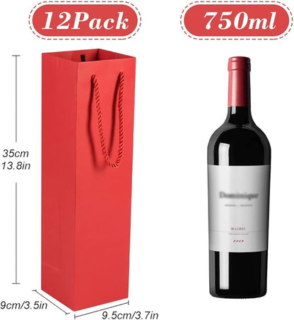 HRX Package Thick Kraft Paper Wine Tote Gift Bags for 1 Bottle, 12PCS Sturdy Paper Wine Gift Bags with Handles for Christmas, Party, Shopping, Retail Merchandise (Red)