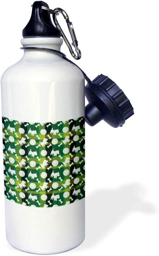 3dRose White West Highland Terrier Pattern Over Green Tartan-Sports Water Bottle, 21oz , 21 oz, Multicolor