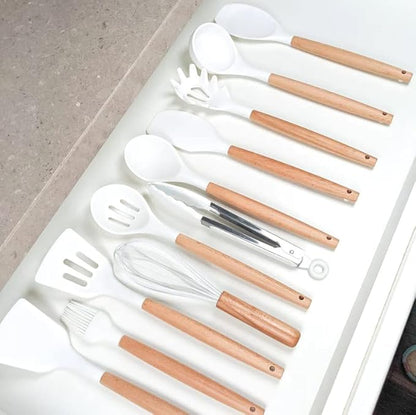 Kitchen Utensils Set, 33 pcs Non-Stick Silicone Cooking Utensils Set, Heat-Resistant Silicone, Wooden Utensils for Cooking, Kitchen Gadgets Spatula Set, Apartment Essentials Kitchen Set (White)