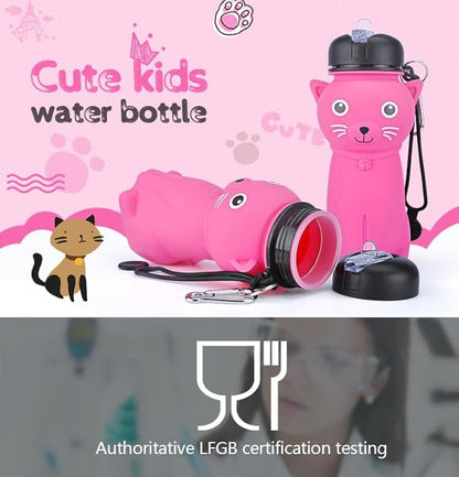 Collapsible Silicone Water Bottle，kawaii water bottle,500ml(16.9 oz),cute water bottles For Girls,School,Sports,Hiking, Backpacking, Camping, Walking, BPA Free(cute bear)