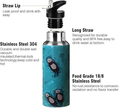 Cute Sea Otter Animal Sport Water Bottle with Straw, Vacuum Insulated Stainless Steel Thermal Drinking Travel Mug Cups For Gym Fitness Camping-20oz/600ml, Green