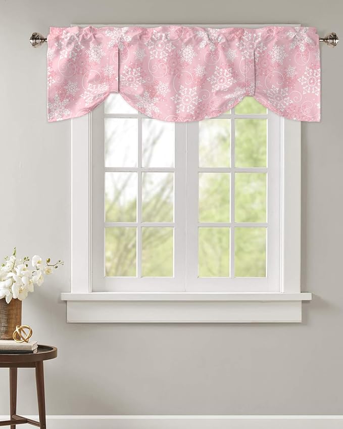 Christmas Blackout Tie Up Valance Curtains for Kitchen Windows Pink White Snowflakes Pattern Window Toppers Balloon Shades for Living Room/Bathroom/Bedroom,1 Panel, 60" X 18", Winter
