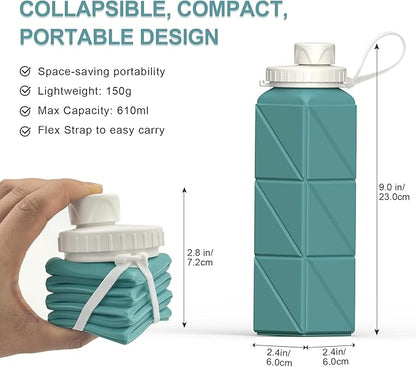 Collapsible Water Bottles, Silicone Foldable Portable Water Bottle 610ml, Lightweight Reusable Leakproof for Travel Camping Hiking Cycling Yoga Sports Outdoor