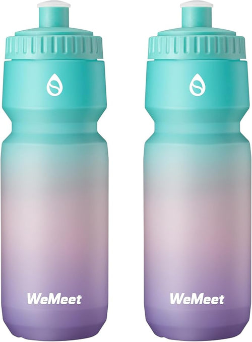 24oz Sport & Bike Squeeze Bottle, Leak Proof Bike Water Bottle with Capacity Scale, BPA Free, for Cycling, Mountain Biking, Running, Hiking (Green Pink Purple, 2 Pack)