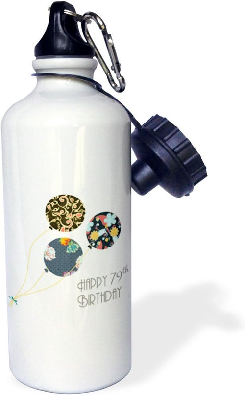3dRose "Happy 79th Birthday-Modern stylish floral Balloons. Elegant black brown blue 79 year old Bday" Sports Water Bottle, 21 oz, White
