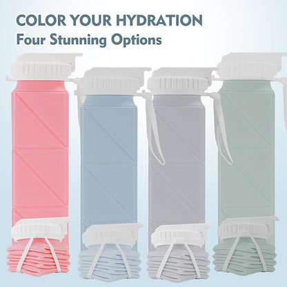 20 oz Water Bottle Collapsible | BPA Free Leakproof Lightweight Foldable Silicon Water Bottles | Twistable Water Cup | for Travel Gym Hiking Outdoor Camping Running Cycling Sports (Gray)