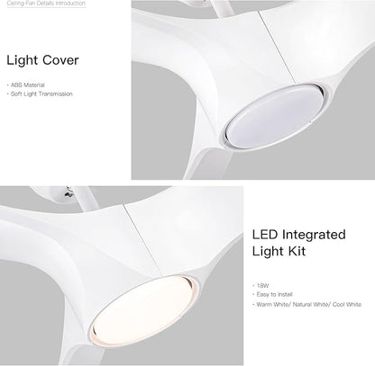 NicBex Ceiling Fan 56 Inch Modern Ceiling Fans with Integrated LED Light and Remote Control Double Finish Ceiling Fan with 3 Wood Blades for Living Room, Bedroom, White