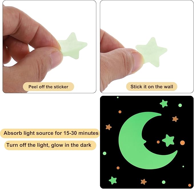 uxcell Glow in The Dark Dot Stickers, Glow Dot Wall Decals, Glowing Dot Decal Decoration for Ceiling and Wall, 522 Dots in 3 Sizes