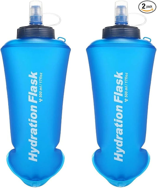 TRIWONDER TPU Soft Folding Water Bottles BPA-Free Collapsible Flask for Hydration Pack - Ideal for Running Hiking Cycling Climbing (500ml/16.9oz - Blue - Pack of 2)
