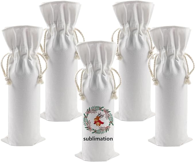 OKBA 5 PCS Sublimation Wine Gift Bag Blank, Canvas Wine Bottle Bag with Drawstring, Suitable for Sublimation, Screen Printing, DIY Graffiti