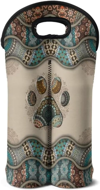 doginthehole 2 Bottle Wine Carrier Travel Bag Boho Dog Paw Print Thick Insulated Neoprene Wine Tote Portable Champagne/Water Bottle/Beer/Drinks Carrying Bag for Travel, Picnic, Party