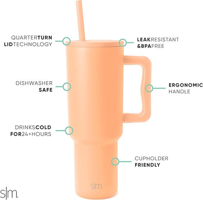 Simple Modern 40 oz Tumbler with Handle and Straw Lid | Insulated Cup Reusable Stainless Steel Water Bottle Travel Mug Cupholder Friendly | Gifts for Women Men Him Her | Trek Collection | Bellini