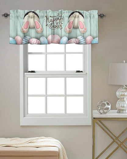 Happy Easter Valances Kitchen Curtains for Windows, Easter Bunny Tails Eggs Rabbit Spring Decor Rod Pocket Valances Blue Farmhouse Wood Short Curtains for Bedroom/Living Room,54" X 18" -1 Panel