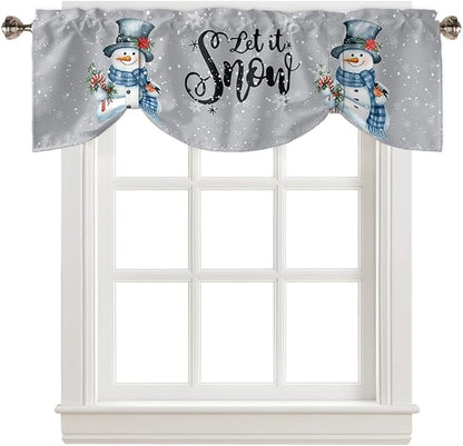 Snowman Christmas Blackout Tie Up Valance Curtains for Kitchen Windows Let It Snow Winter Holiday Window Toppers Balloon Shades for Living Room/Bathroom/Bedroom,1 Panel, 42" X 12", Grey White