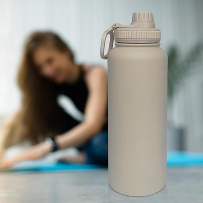 40oz Insulated Water Bottle ，Stainless Steel Sports Water Cup Flask with 2 Lids, Wide Mouth Travel Thermal Mug,Outdoor Sports Bottle（Cream apricot）