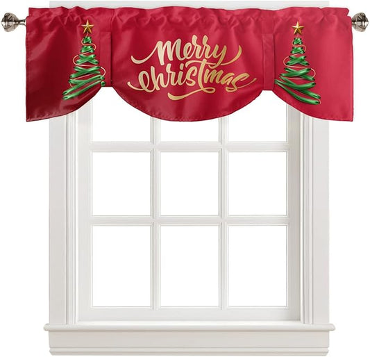 Merry Christmas Blackout Tie Up Valance Curtains for Kitchen Windows Christmas Tree Window Toppers Balloon Shades for Living Room/Bathroom/Bedroom,1 Panel,60" X 18" Winter Holidays