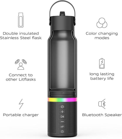 Smart Water Bottle with Premium Bluetooth Speaker, Portable Charger, LED Light, Hands-Free Mic, Insulated Stainless Steel, Straw Lid, BPA-Free, 20oz - Mix & Match Colorways