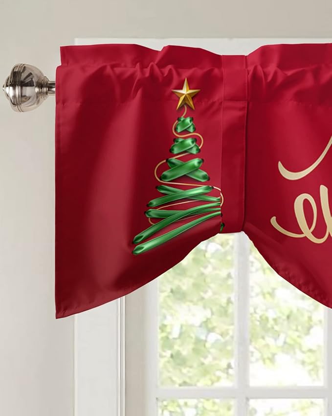 Merry Christmas Blackout Tie Up Valance Curtains for Kitchen Windows Christmas Tree Window Toppers Balloon Shades for Living Room/Bathroom/Bedroom,1 Panel,60" X 18" Winter Holidays