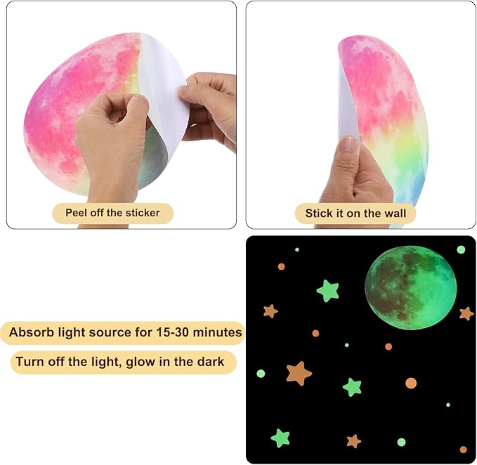 uxcell 1 Set Glow in The Dark Ceiling Star Stickers, Moon and Stars Wall Decals, Glowing Star Decal Decoration for Bedroom, 300mm Cyan Moon