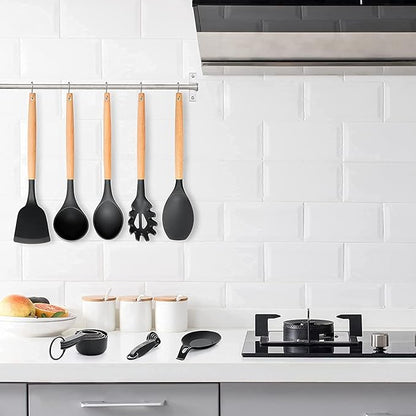 Kitchen Utensils Set, 33 pcs Non-Stick Silicone Cooking Utensils Set, Heat-Resistant Silicone, Wooden Utensils for Cooking, Kitchen Gadgets Spatula Set, Apartment Essentials Kitchen Set (Black)