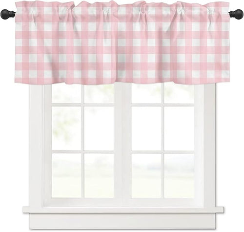 Christmas Valance Curtains for Kitchen Windows Rustic Pink White Buffalo Check Plaid Pattern Rod Pocket Window Treatment Toppers for Kitchen/Living Room/Bedroom/Bathroom, 54" X 18", Farmhouse