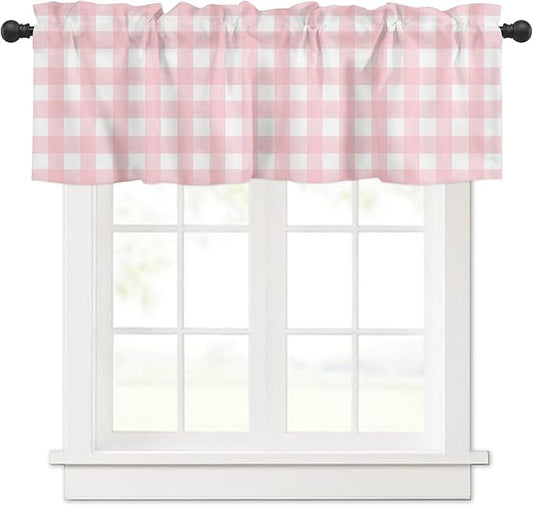 Christmas Valance Curtains for Kitchen Windows Rustic Pink White Buffalo Check Plaid Pattern Rod Pocket Window Treatment Toppers for Kitchen/Living Room/Bedroom/Bathroom, 54" X 18", Farmhouse