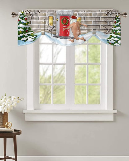 Christmas Farmhouse Blackout Tie Up Valance Curtains for Kitchen Windows Funny Santa Claus Window Toppers Balloon Shades for Living Room/Bathroom/Bedroom,1 Panel,42" X 12" Holly Xmas Tree