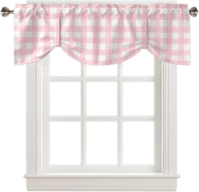 Christmas Blackout Tie Up Valance Curtains for Kitchen Windows Rustic Pink White Buffalo Check Plaid Pattern Window Toppers Balloon Shades for Living Room/Bathroom/Bedroom,1 Panel, 54" X 18",Farmhouse