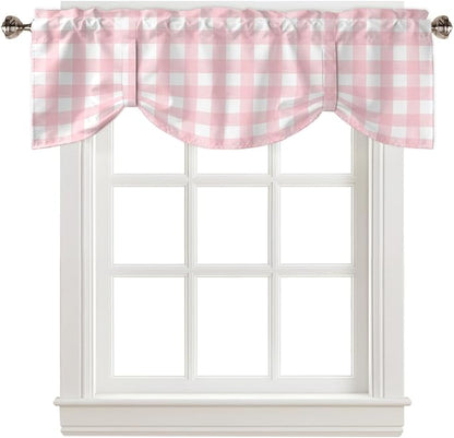 Christmas Blackout Tie Up Valance Curtains for Kitchen Windows Rustic Pink White Buffalo Check Plaid Pattern Window Toppers Balloon Shades for Living Room/Bathroom/Bedroom,1 Panel, 42" X 12",Farmhouse