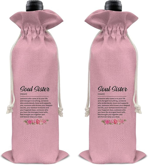 HOIJAUMAI Soul Sister Gift Friendship Gift Soul Sister Definition Wine Bag Soul Sister Wine Gift Bags for Women Best Friends Bestie BFF (Pink)