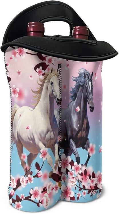 doginthehole Horse Print Wine Tote Neoprene Wine Carrier Bag with Handle Cherry Blossom Wine Bottle Holder Champagne Beer Bottle Sleeve Protective Travel Bag for Birthday, Wedding, Picnic Party