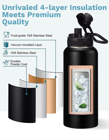 32 oz Insulated Water Bottle with Straw - Pop-up Spout Lid, Paracord Handle, Carrier Bag with Strap, Leak Proof Stainless Steel Water Bottle 32oz, Cold Flask Jug for Traveling Hiking