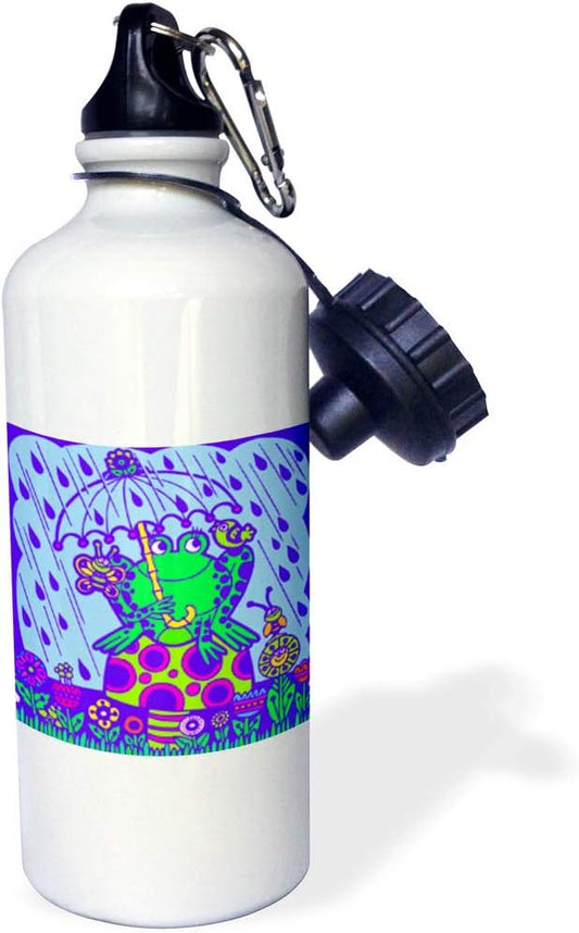 3dRose "Cute Froggy Frog With Umbrella On Toadstool Mushroom Happy Flowers Spring Showers Animal Cartoon" Sports Water Bottle, 21 oz, White