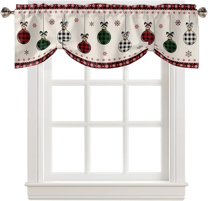 Christmas Blackout Tie Up Valance Curtains for Kitchen Windows Vintage Buffalo Plaid Christmas Balls Window Toppers Balloon Shades for Living Room/Bathroom/Bedroom,1 Panel,54" X 18" Farmhouse