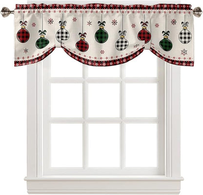 Christmas Blackout Tie Up Valance Curtains for Kitchen Windows Vintage Buffalo Plaid Christmas Balls Window Toppers Balloon Shades for Living Room/Bathroom/Bedroom,1 Panel,54" X 18" Farmhouse