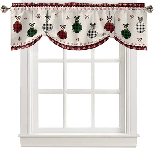 Christmas Blackout Tie Up Valance Curtains for Kitchen Windows Vintage Buffalo Plaid Christmas Balls Window Toppers Balloon Shades for Living Room/Bathroom/Bedroom,1 Panel,54" X 18" Farmhouse