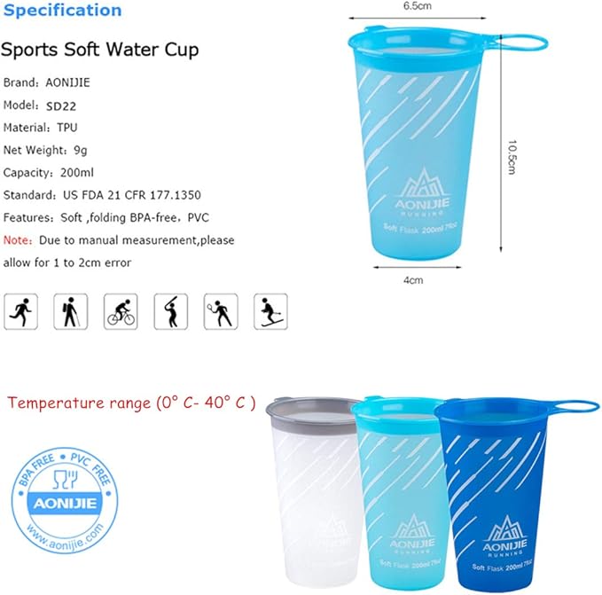AONIJIE 2 Pcs Sports Collapsible Water Bottle BPA Free + 2 Pcs Replacement Straws Lid - TPU Soft Drink Water Kettle Foldable Flask for Hiking Bicycling Running Climbing (White)