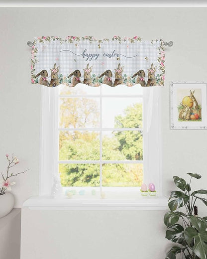 Rabbits Flowers Easter Kitchen Curtains Valances for Windows Eucalyptus Leaf Spring Summer Rod Pocket Window Treatment for Kitchen /Living Room/Bedroom/ Bathroom, 42" X 12", Grey White Buffalo Plaid