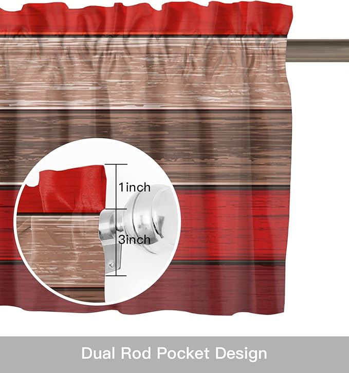 Farmhouse Kitchen Curtains Valances for Windows , Christmas Red Brown Rod Pocket Country Window Treatment for Kitchen /Living Room/Bedroom/ Bathroom,54" X 18" -1 Panel, Retro Rustic Barn Wood Texture