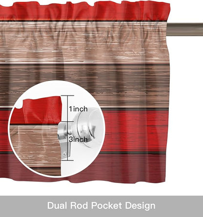 Farmhouse Kitchen Curtains Valances for Windows , Christmas Red Brown Rod Pocket Country Window Treatment for Kitchen /Living Room/Bedroom/ Bathroom,54" X 18" -1 Panel, Retro Rustic Barn Wood Texture