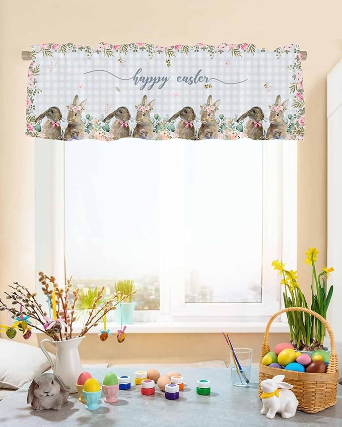 Rabbits Flowers Easter Kitchen Curtains Valances for Windows Eucalyptus Leaf Spring Summer Rod Pocket Window Treatment for Kitchen /Living Room/Bedroom/ Bathroom, 42" X 12", Grey White Buffalo Plaid