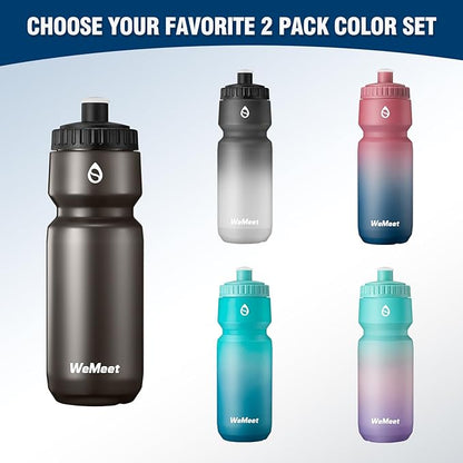 24oz Sport & Bike Squeeze Bottle, Leak Proof Bike Water Bottle with Capacity Scale, BPA Free, for Cycling, Mountain Biking, Running, Hiking (Green Pink Purple, 2 Pack)