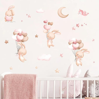 Bunny Air Balloon Animals Wall Decals The Moon and Stars Nursery Wall Stickers Baby Girls Room Wall Decor