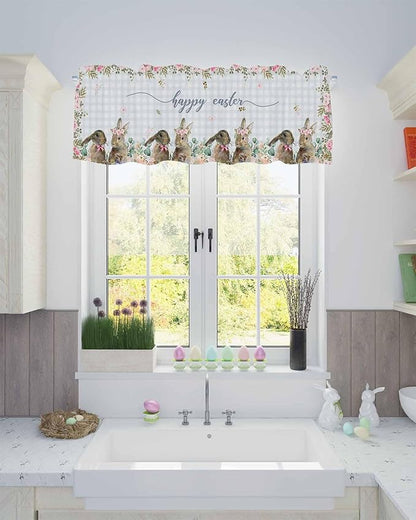 Rabbits Flowers Easter Kitchen Curtains Valances for Windows Eucalyptus Leaf Spring Summer Rod Pocket Window Treatment for Kitchen /Living Room/Bedroom/ Bathroom, 42" X 12", Grey White Buffalo Plaid