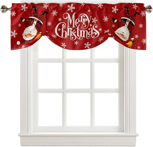Red Merry Christmas Blackout Tie Up Valance Curtains for Kitchen Windows Funny Hanging Santa Window Toppers Balloon Shades for Living Room/Bathroom/Bedroom,1 Panel, 42" X 12", Snow Winter Holiday