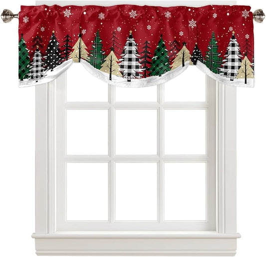 Red Merry Christmas Blackout Tie Up Valance Curtains for Kitchen Windows Green Christmas Tree Window Toppers Balloon Shades for Living Room/Bathroom/Bedroom,1 Panel, 54" X 18",White Snow Forest Winter