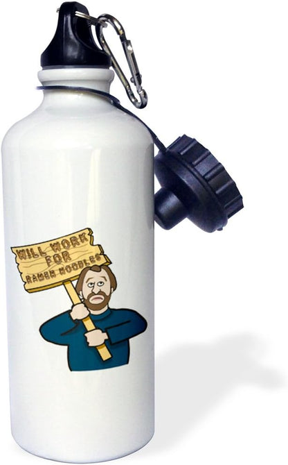 3dRose "Funny Humorous Man Guy With A Sign Will Work For Ramen Noodles" Sports Water Bottle, 21 oz, White
