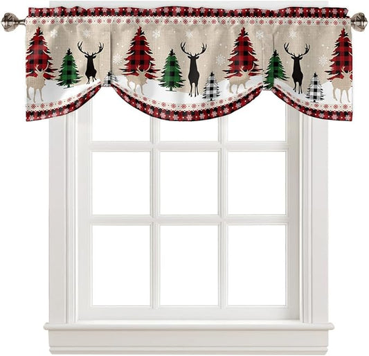 Farmhouse Christmas Blackout Tie Up Valance Curtains for Kitchen Windows Rustic Plaid Christmas Tree Snowflakes Window Toppers Balloon Shades for Living Room/Bathroom/Bedroom,42" X 18" Red Green Black