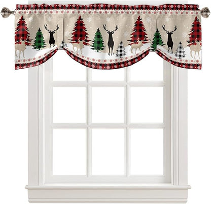 Farmhouse Christmas Blackout Tie Up Valance Curtains for Kitchen Windows Rustic Plaid Christmas Tree Snowflakes Window Toppers Balloon Shades for Living Room/Bathroom/Bedroom,60" X 18" Red Green Black