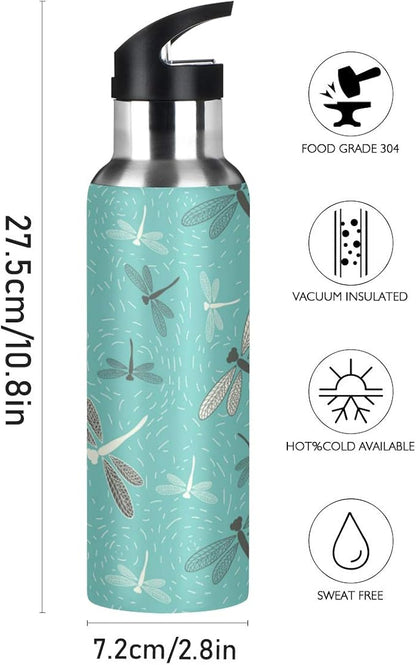 Blueangle Dragonfly Summer Green Sports Water Bottle, BPA-Free Stainless Steel Water Bottle with Straw, Leakproof, 22oz Bottle for Outdoor Hiking Camping Travel
